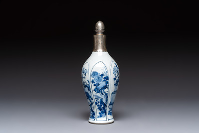 A Chinese blue and white silver-mounted bottle vase, Chenghua mark, Kangxi