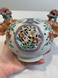 A rare Chinese famille rose double-walled 'Buddhist lions' teapot and cover, Qianlong