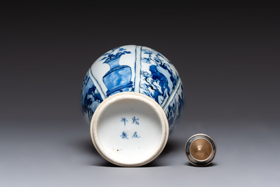 A Chinese blue and white silver-mounted bottle vase, Chenghua mark, Kangxi