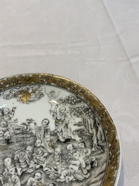 A fine Chinese grisaille and gilt '18 Luohan' cup and saucer, Yongzheng