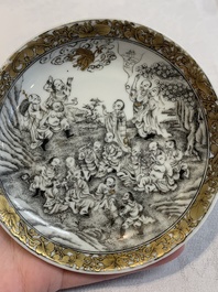 A fine Chinese grisaille and gilt '18 Luohan' cup and saucer, Yongzheng