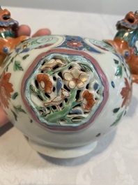 A rare Chinese famille rose double-walled 'Buddhist lions' teapot and cover, Qianlong