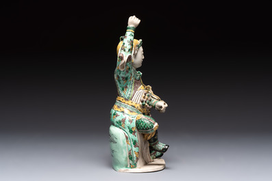 A fine Chinese verte biscuit sculpture of a warrior, 19th C.