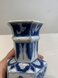 A Chinese blue and white hexagonal vase with figures and antiquities, Kangxi