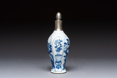 A Chinese blue and white silver-mounted bottle vase, Chenghua mark, Kangxi