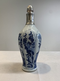 A Chinese blue and white silver-mounted bottle vase, Chenghua mark, Kangxi