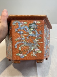 A pair of Chinese coral-red-ground 'dragon and phoenix' jardini&egrave;res, Qianlong mark, 19th C.