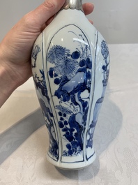 A Chinese blue and white silver-mounted bottle vase, Chenghua mark, Kangxi