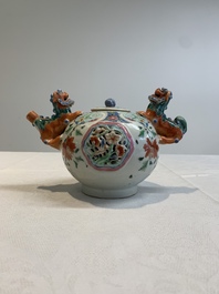 A rare Chinese famille rose double-walled 'Buddhist lions' teapot and cover, Qianlong