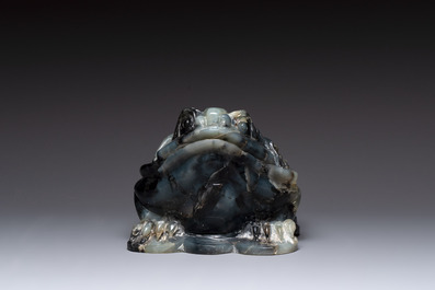 A Chinese jade group of an imperial carriage with mythical beasts and a large three-legged toad, 20th C.
