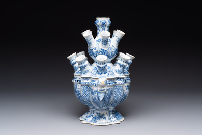 A rare and important blue and white Dutch Delft two-part tulip vase, late 17th C.