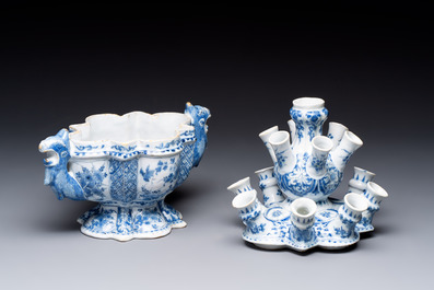 A rare and important blue and white Dutch Delft two-part tulip vase, late 17th C.