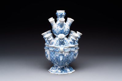 A rare and important blue and white Dutch Delft two-part tulip vase, late 17th C.