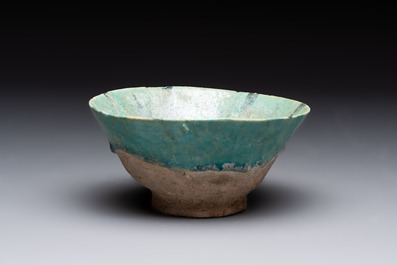 A turquoise-glazed calligraphic dish and a bowl, Kashan, 13/14th C.