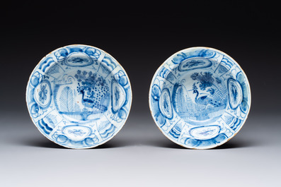 A pair of blue and white Dutch Delft 'kraak-style' bowls, 18th C.