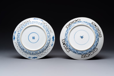 Two Chinese blue and white 'reticulated border' plates, Kangxi