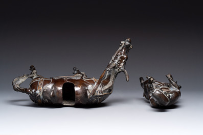 A large Chinese partly gilt bronze censer and cover in the form of Du Fu, 18th C.