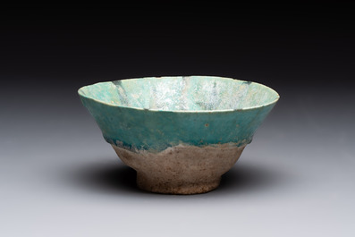A turquoise-glazed calligraphic dish and a bowl, Kashan, 13/14th C.
