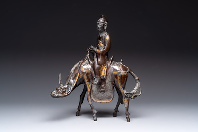 A large Chinese partly gilt bronze censer and cover in the form of Du Fu, 18th C.