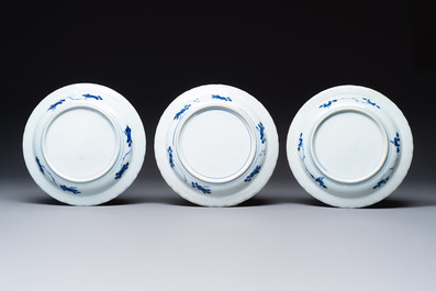Three Chinese blue and white 'Scheveningen' or 'Nabeshima' plates, Kangxi