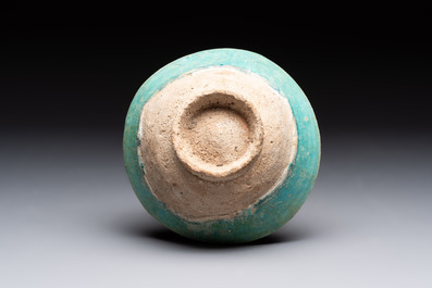 A turquoise-glazed calligraphic dish and a bowl, Kashan, 13/14th C.