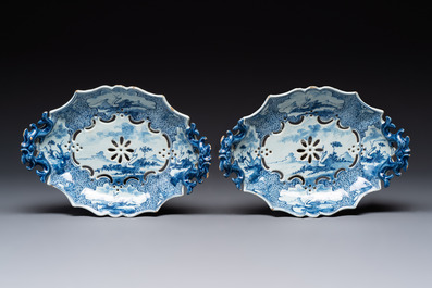 A pair of blue and white Dutch Delft strainers, 18th C.