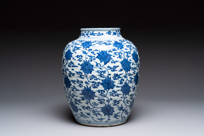A Chinese blue and white 'lotus scroll' vase, Jiajing/Wanli