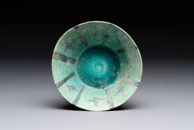 A turquoise-glazed calligraphic dish and a bowl, Kashan, 13/14th C.