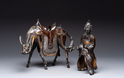 A large Chinese partly gilt bronze censer and cover in the form of Du Fu, 18th C.