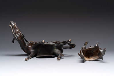 A large Chinese partly gilt bronze censer and cover in the form of Du Fu, 18th C.