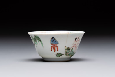 A Chinese famille verte 'erotic' cup and saucer, lingzhi mark, Kangxi