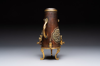 A rare and fine Chinese partly-gilt copper chocolate pot with tripod stand, 18th C.
