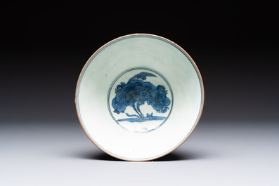 A blue and white Safavid chinoiserie bowl, a plate, and a Qajar bowl, 17/19th C.