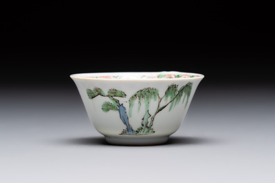 A Chinese famille verte 'erotic' cup and saucer, lingzhi mark, Kangxi