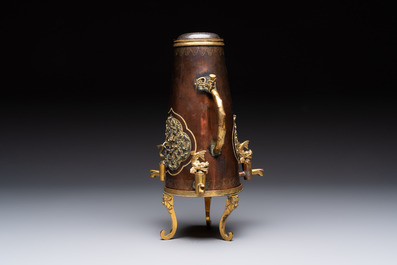 A rare and fine Chinese partly-gilt copper chocolate pot with tripod stand, 18th C.