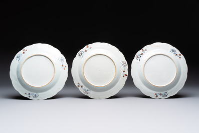 Three Chinese famille rose 'tobacco leaf' plates, Qianlong