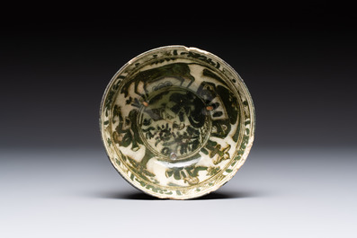 A blue and white Safavid chinoiserie bowl, a plate, and a Qajar bowl, 17/19th C.