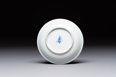 A Chinese famille verte 'erotic' cup and saucer, lingzhi mark, Kangxi
