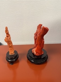 A Chinese red coral figure of a lady on wooden stand and a coral chilong carving, 19/20th C.