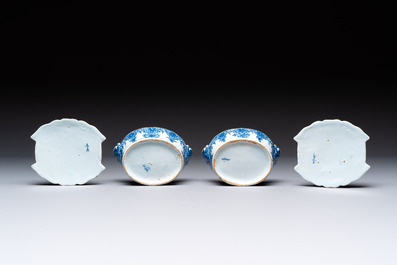 A pair of blue and white Dutch Delft butter tubs and covers, 18th C.