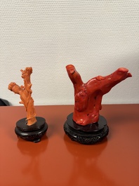 A Chinese red coral figure of a lady on wooden stand and a coral chilong carving, 19/20th C.
