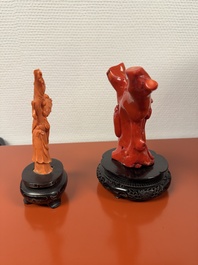 A Chinese red coral figure of a lady on wooden stand and a coral chilong carving, 19/20th C.