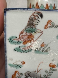 A pair of Chinese famille verte rectangular tea caddies and covers with fighting roosters, Kangxi