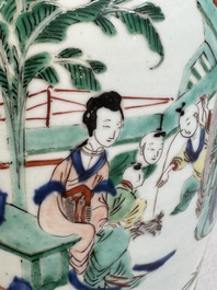 A pair of Chinese wucai vases and covers with court ladies and playing boys, Transitional period