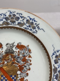 A pair of Chinese gilt-decorated famille rose armorial plates with the arms of Stewart, Qianlong, c. 1740