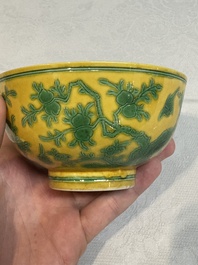 A Chinese yellow-ground 'birds and peaches' bowl, Guangxu mark and possibly of the period