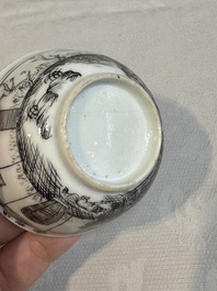Two Chinese gilt-decorated grisaille 'European subject' cups and saucers, Qianlong