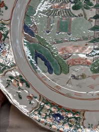 A Chinese famille verte 'river landscape' dish, lozenge mark, Kangxi