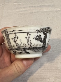 Two Chinese gilt-decorated grisaille 'European subject' cups and saucers, Qianlong