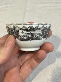 Two Chinese gilt-decorated grisaille 'European subject' cups and saucers, Qianlong